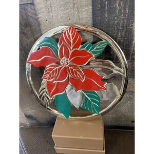 Vintage Brass Enamel Poinsettia Christmas 8" Hot Dish Holder Made in Japan